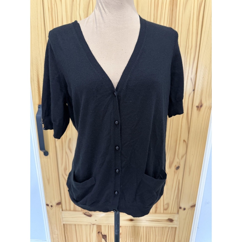 Talbots Petites Cardigan Womens Medium Black Cashmere Short Sleeve Pockets